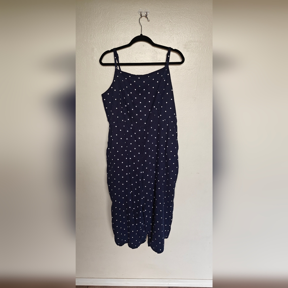 Plus Size Navy Blue Polka Dot Canvas Jumpsuit with Pockets Size XXL